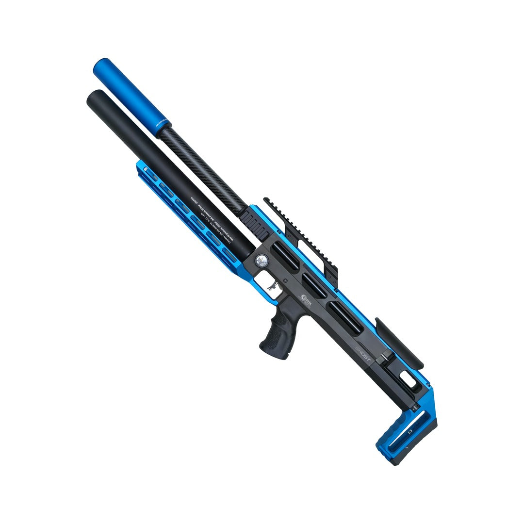 BRK Ghost Zero Blue PCP air rifle with blue lower rail fitted, left side